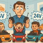Intérieur d’un magasin ou salon avec plusieurs voitures électriques pour enfant exposée. Un Père hésitant, visage perplexe, une télécommande dans chaque main. Trois mini voitures en face de lui, avec enfants testeurs dedans